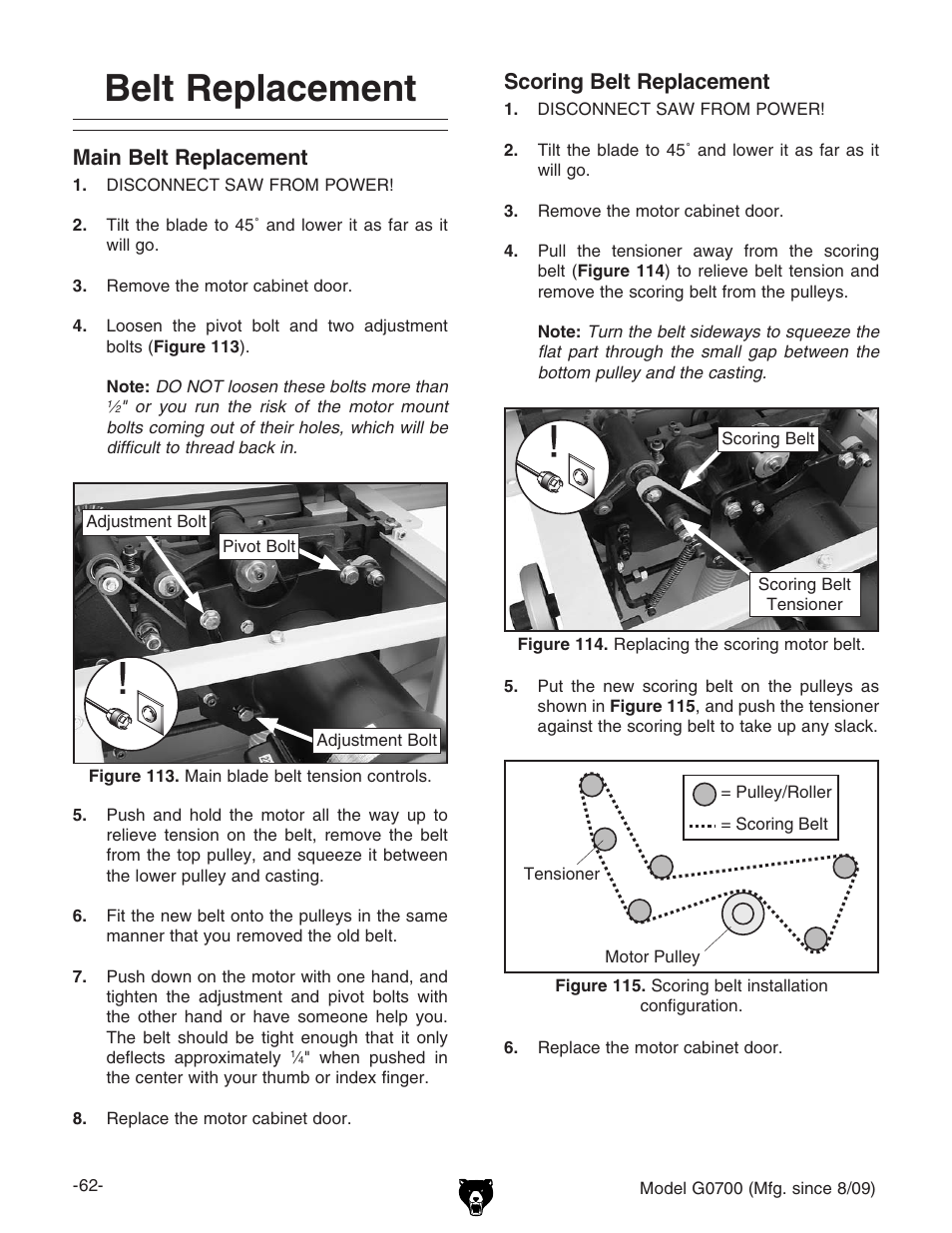 Belt replacement, Main belt replacement, Scoring belt replacement | Grizzly G0700 User Manual | Page 64 / 88