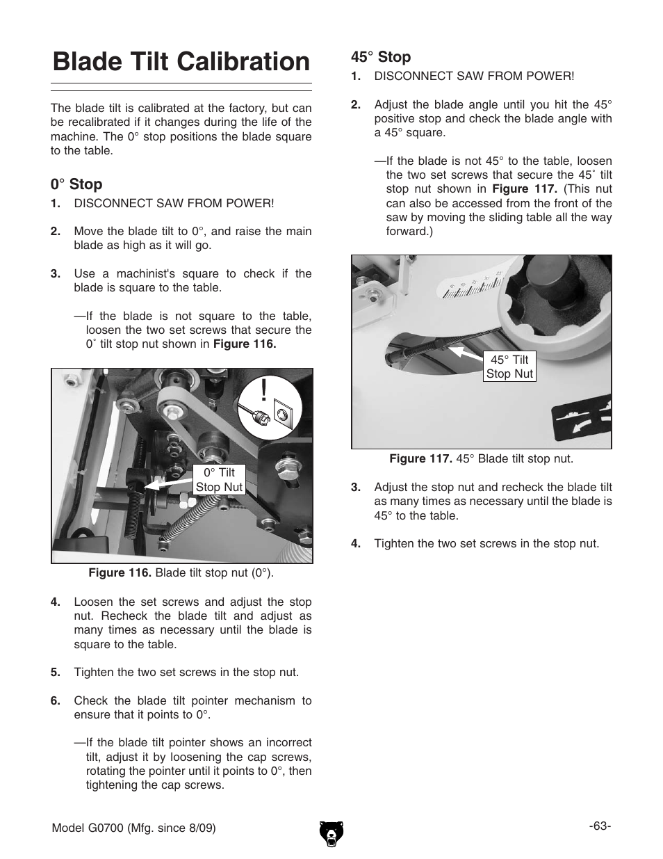 Blade tilt calibration | Grizzly G0700 User Manual | Page 65 / 88