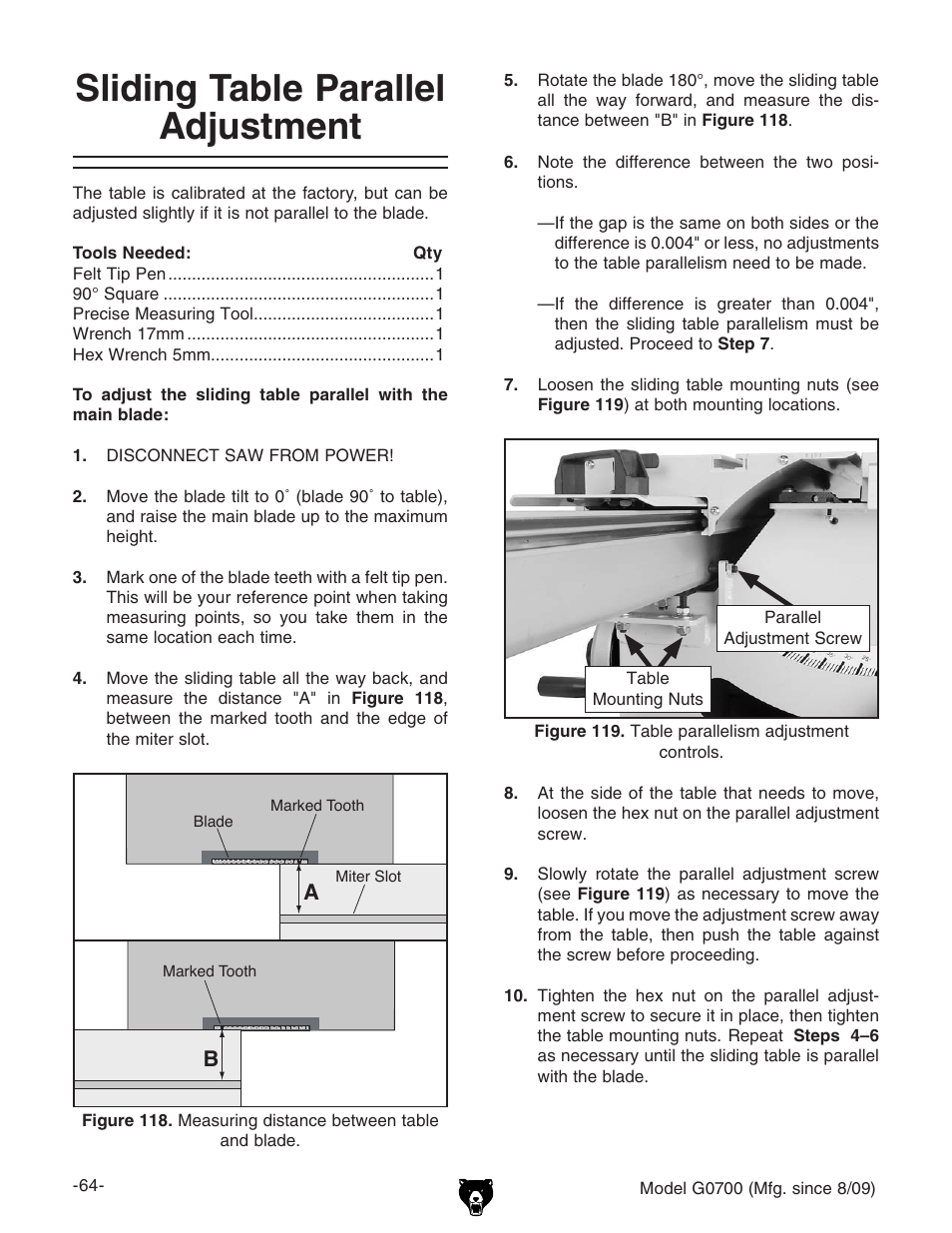 Sliding table parallel adjustment | Grizzly G0700 User Manual | Page 66 / 88