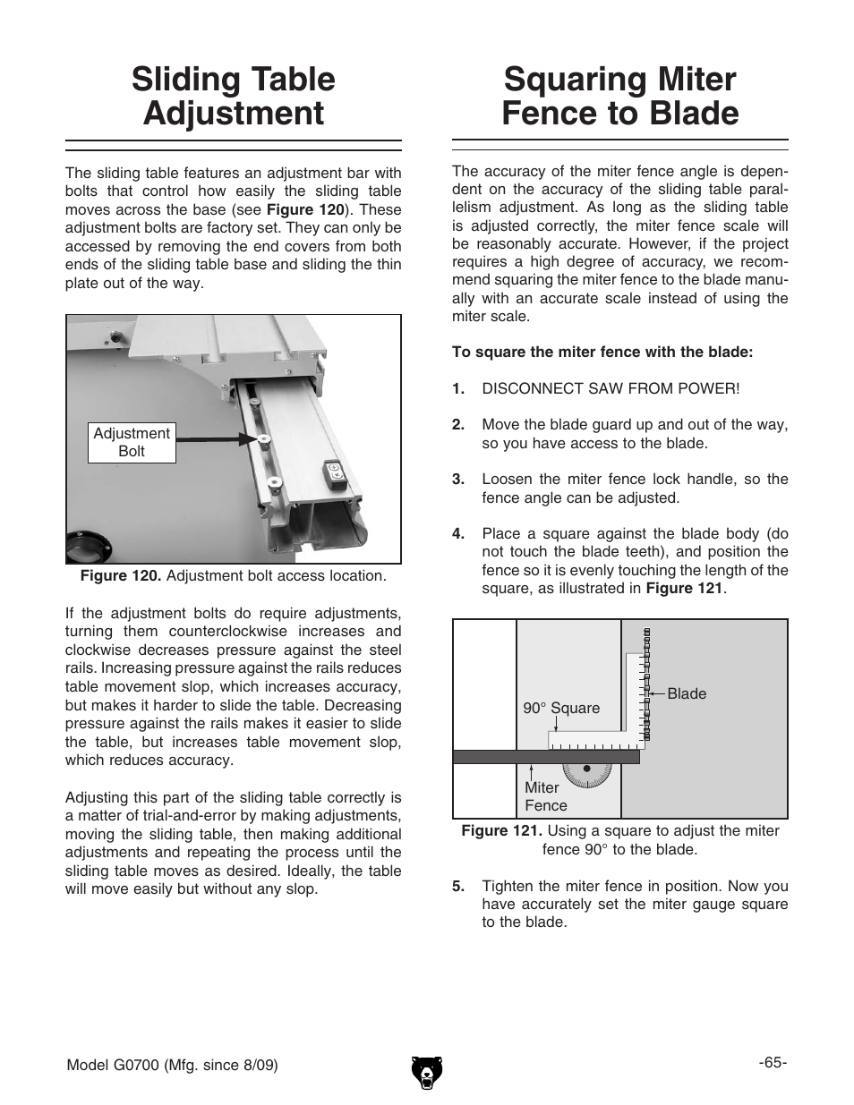 Sliding table adjustment, Squaring miter fence to blade | Grizzly G0700 User Manual | Page 67 / 88