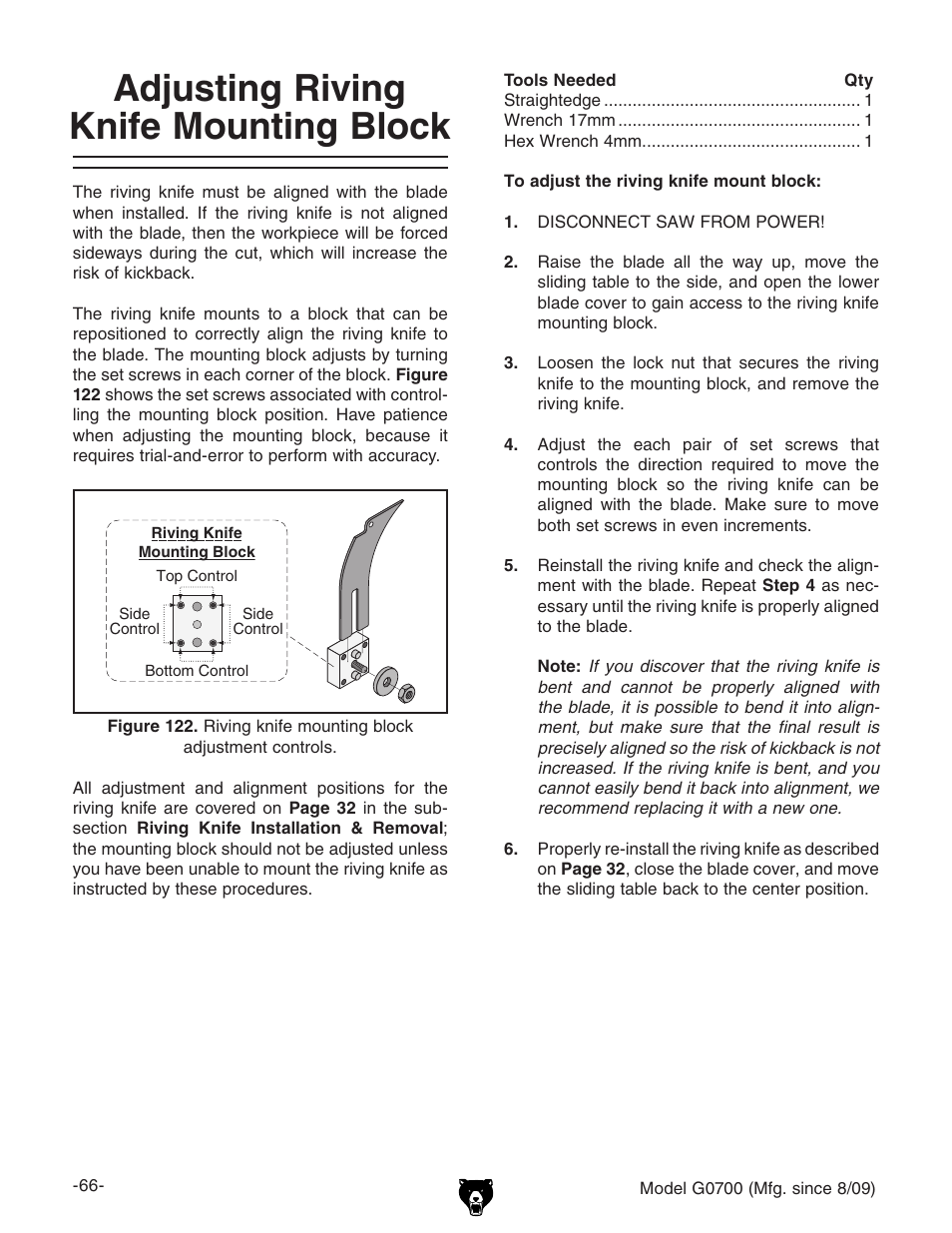 Adjusting riving knife mounting block | Grizzly G0700 User Manual | Page 68 / 88