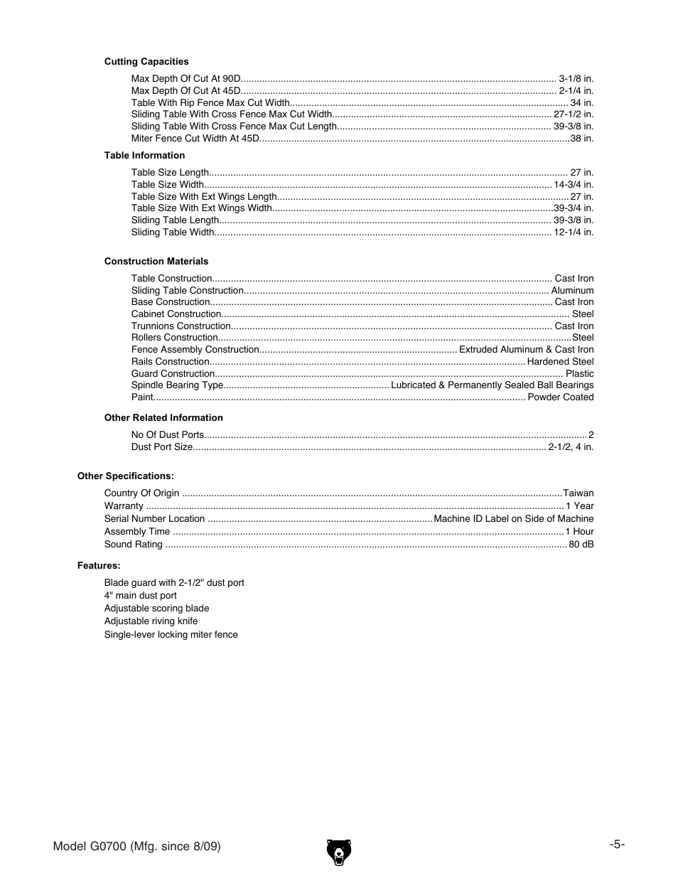 Grizzly G0700 User Manual | Page 7 / 88