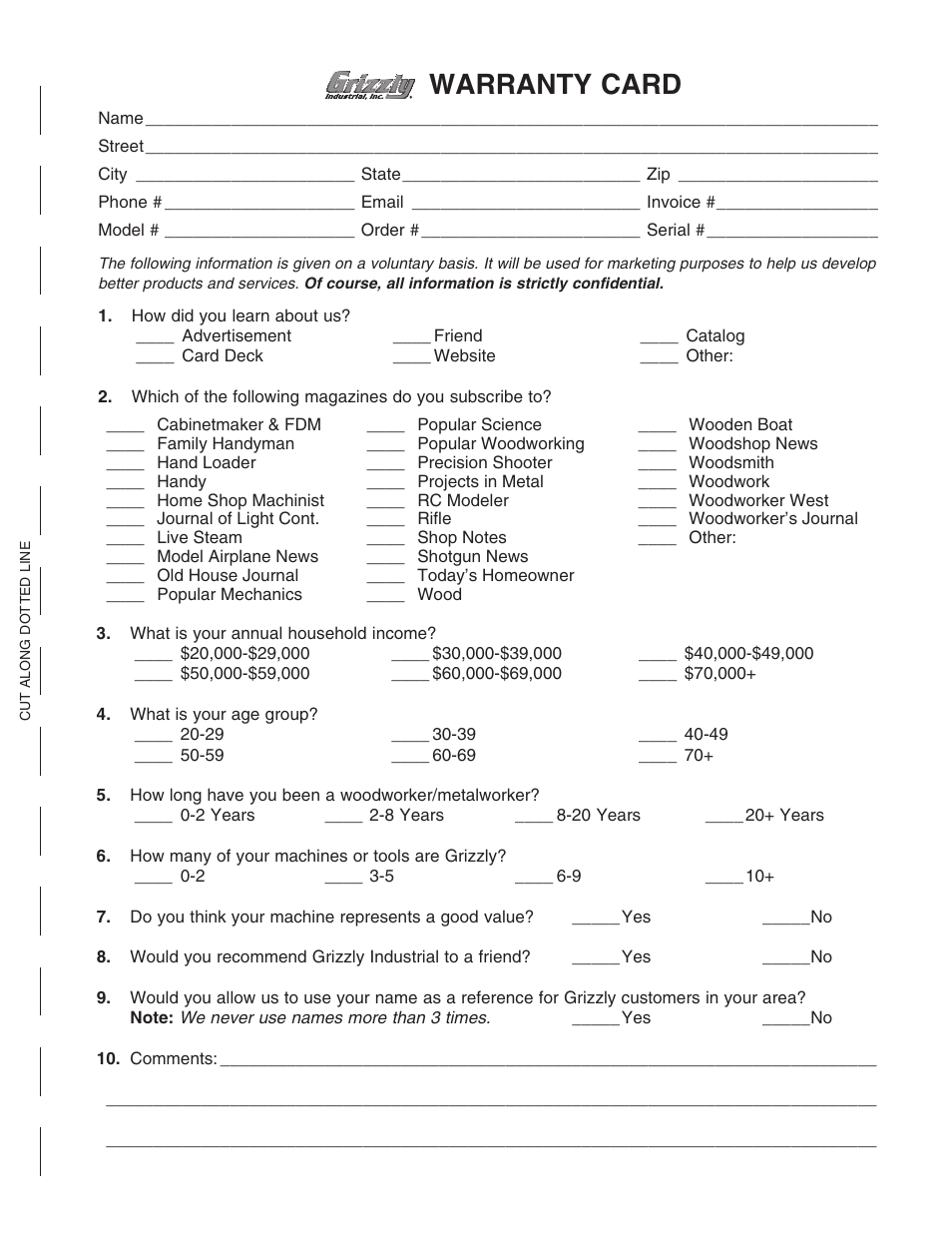 Warranty card | Grizzly G0700 User Manual | Page 85 / 88