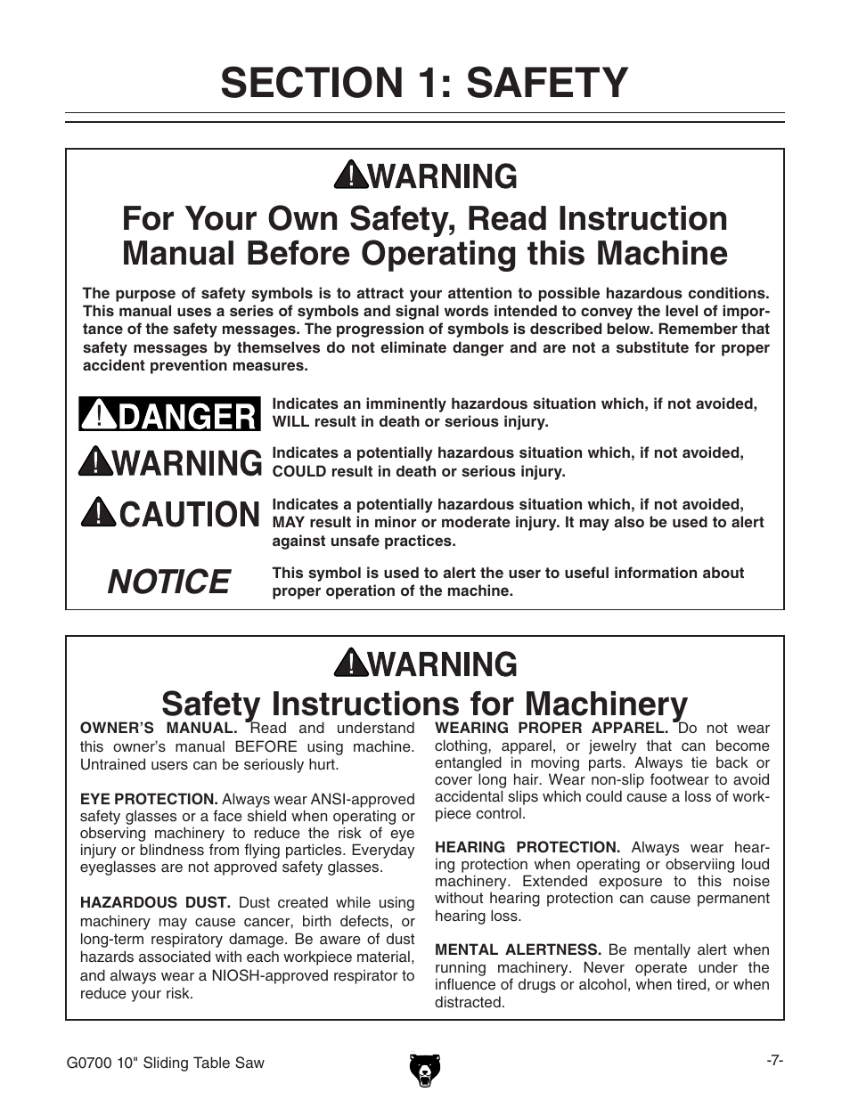 Section 1: safety, Safety instructions for machinery, Notice safety instructions for machinery | Grizzly G0700 User Manual | Page 9 / 88