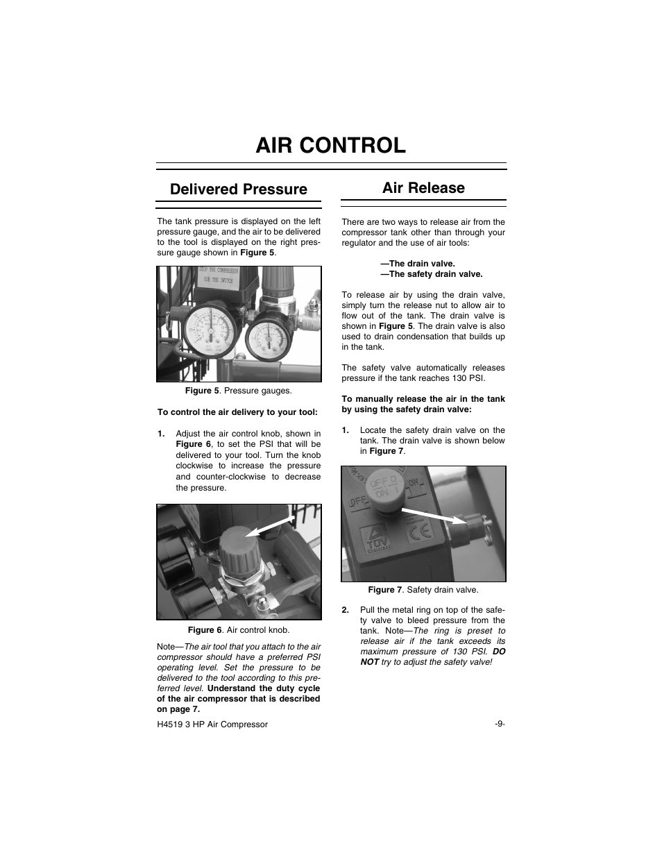 Air control, Delivered pressure, Air release | Grizzly H4519 User Manual | Page 11 / 26