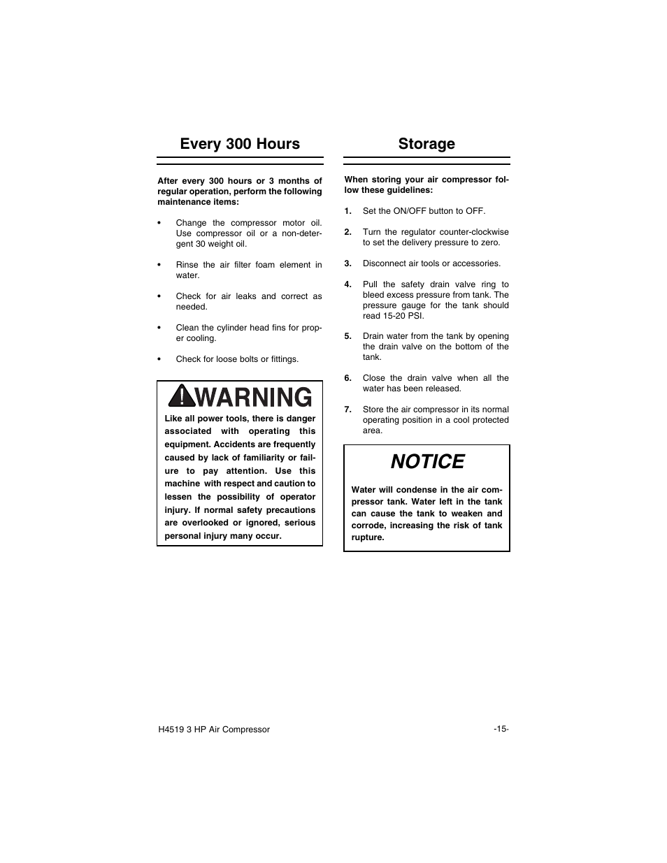 Notice, Every 300 hours storage | Grizzly H4519 User Manual | Page 17 / 26