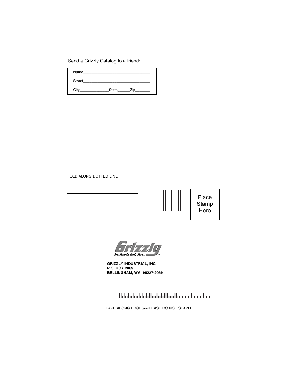 Place stamp here | Grizzly H4519 User Manual | Page 26 / 26