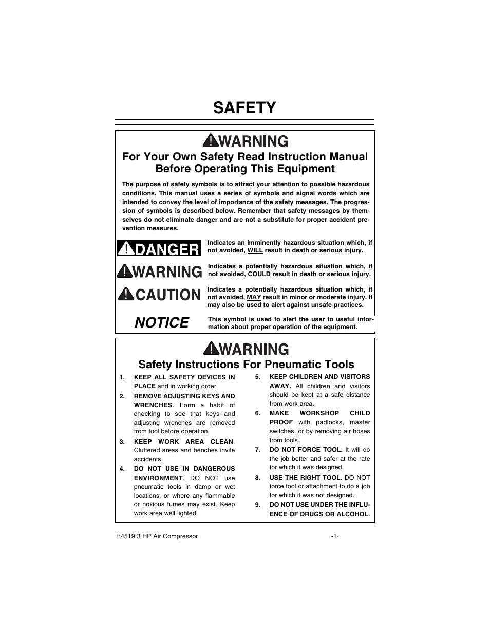 Safety, Notice, Safety instructions for pneumatic tools | Grizzly H4519 User Manual | Page 3 / 26