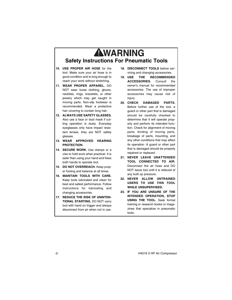 Safety instructions for pneumatic tools | Grizzly H4519 User Manual | Page 4 / 26