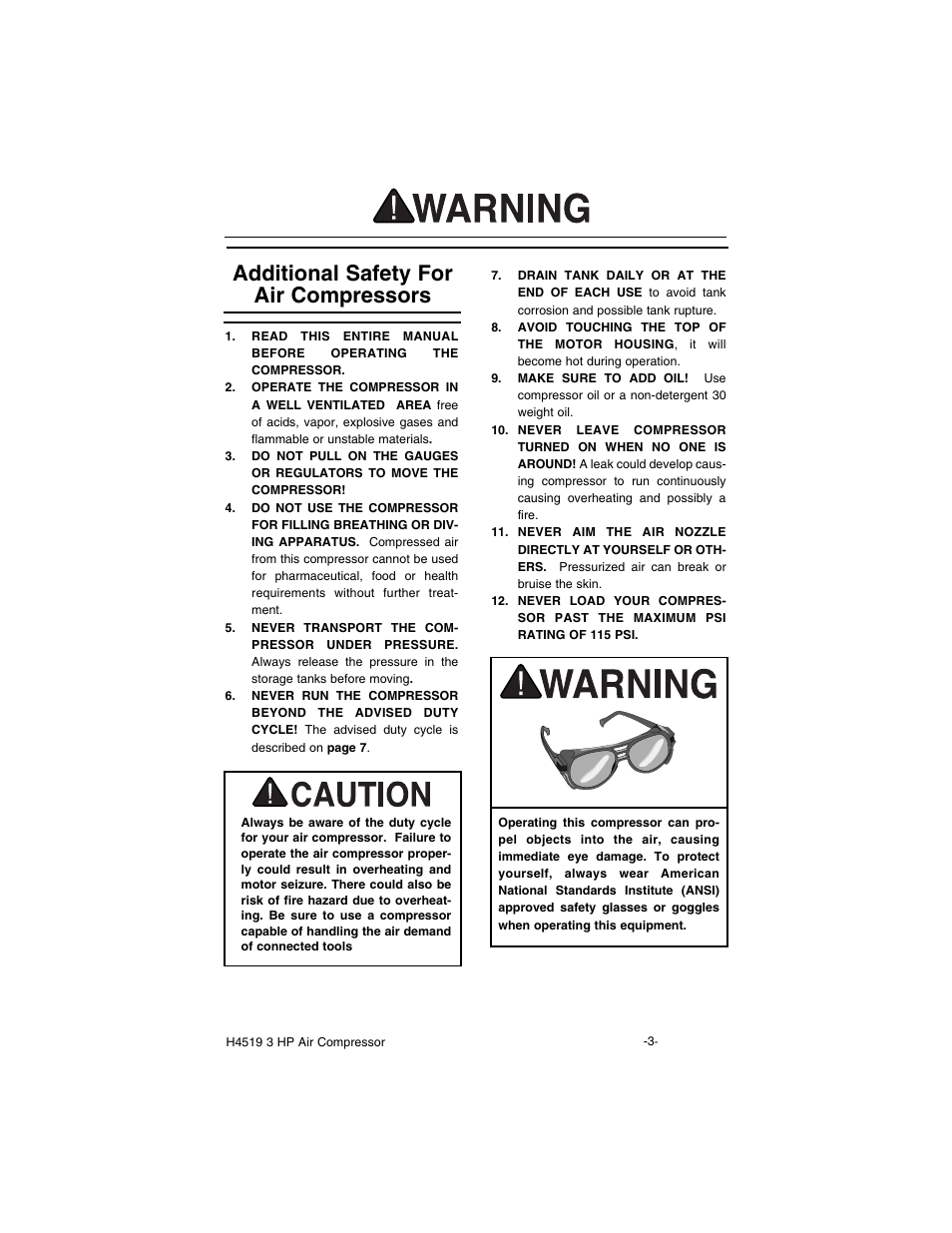 Additional safety for air compressors | Grizzly H4519 User Manual | Page 5 / 26