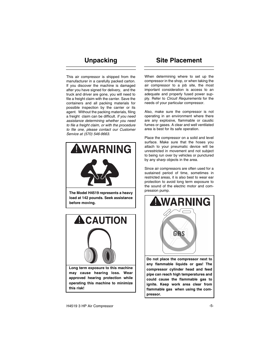 Unpacking site placement | Grizzly H4519 User Manual | Page 7 / 26