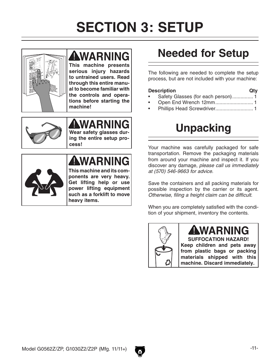 Needed for setup, Unpacking | Grizzly G0562Z User Manual | Page 13 / 48