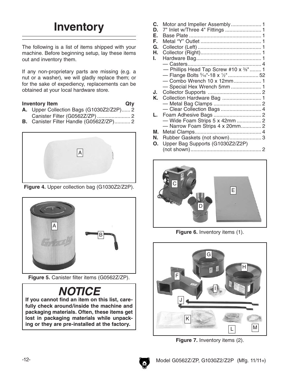 Inventory, Notice | Grizzly G0562Z User Manual | Page 14 / 48