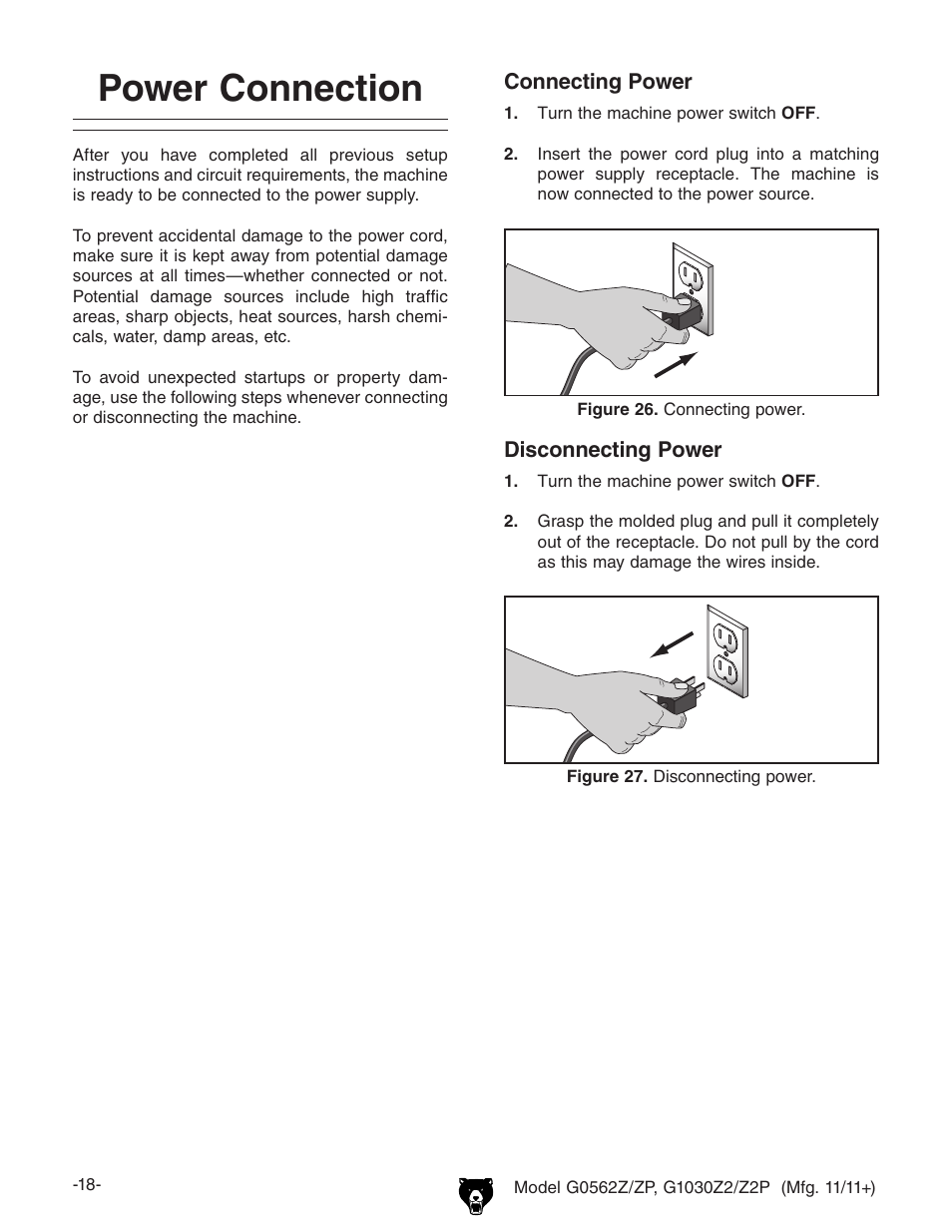 Power connection | Grizzly G0562Z User Manual | Page 20 / 48