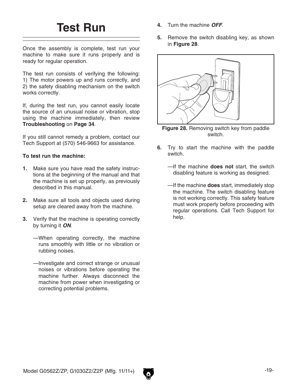 Test run | Grizzly G0562Z User Manual | Page 21 / 48