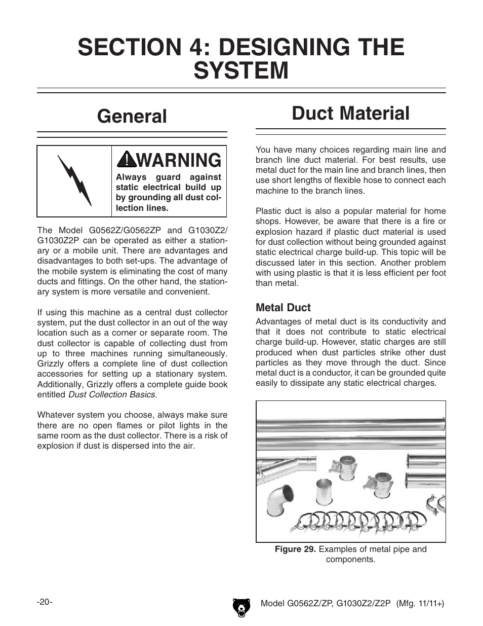 General, Duct material | Grizzly G0562Z User Manual | Page 22 / 48