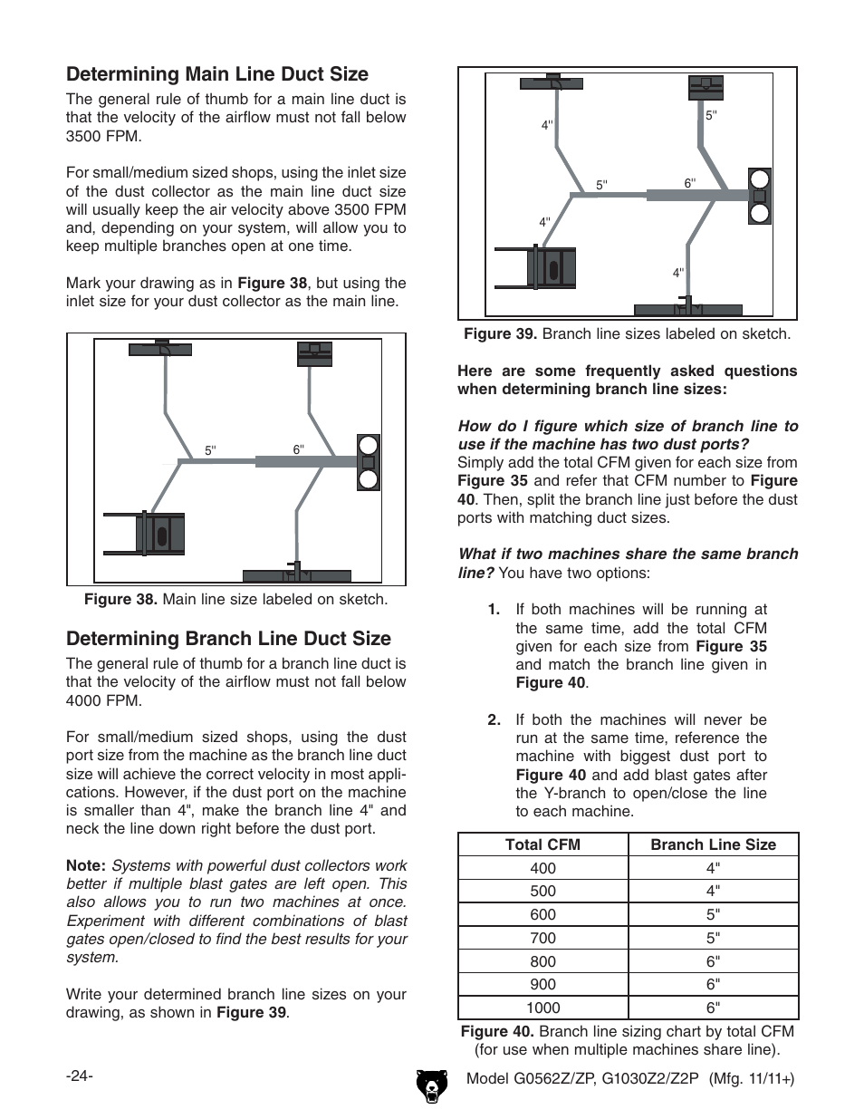 Determining main line duct size, Determining branch line duct size | Grizzly G0562Z User Manual | Page 26 / 48