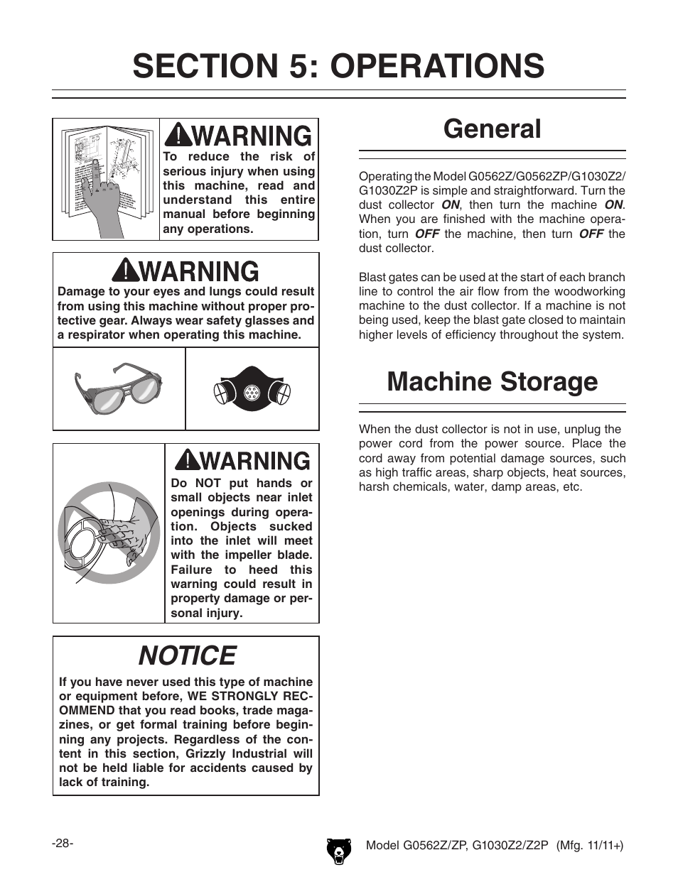 Notice, General, Machine storage | Grizzly G0562Z User Manual | Page 30 / 48