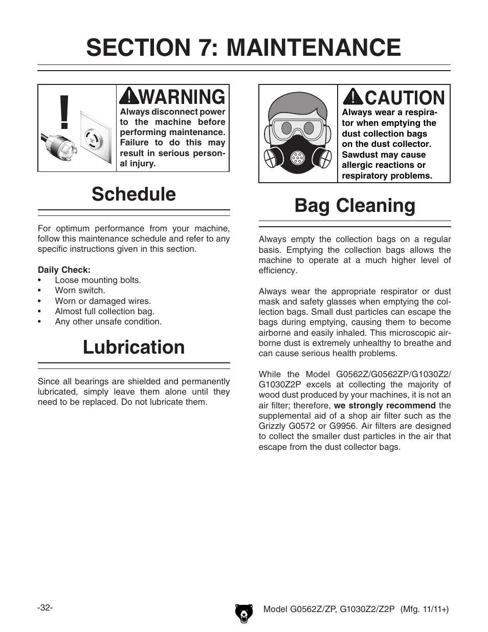 Bag cleaning, Lubrication, Schedule | Grizzly G0562Z User Manual | Page 34 / 48