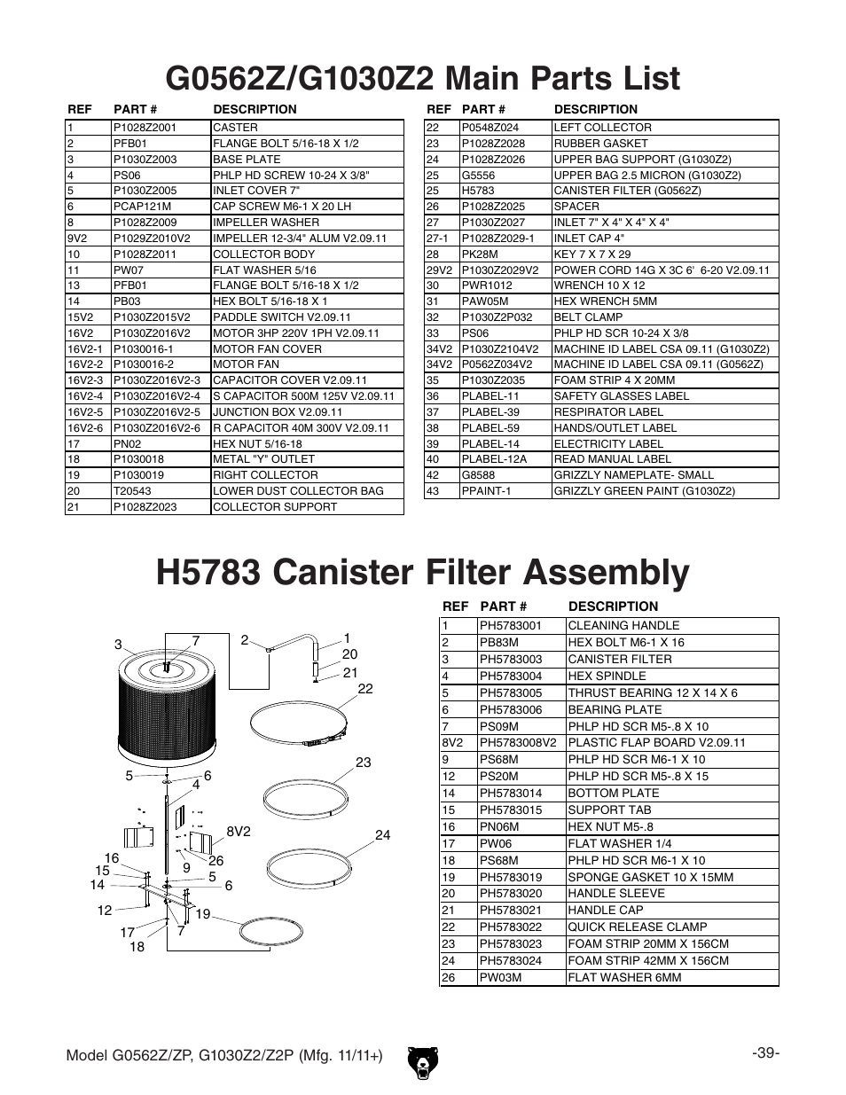 H5783 canister filter assembly, H5783 breakdown | Grizzly G0562Z User Manual | Page 41 / 48