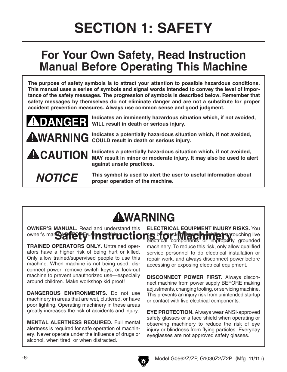 Notice safety instructions for machinery | Grizzly G0562Z User Manual | Page 8 / 48