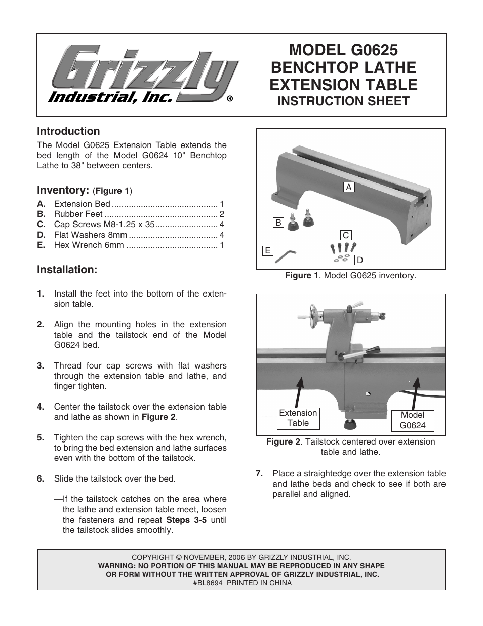 Grizzly Benchtop G0625 User Manual | 2 pages