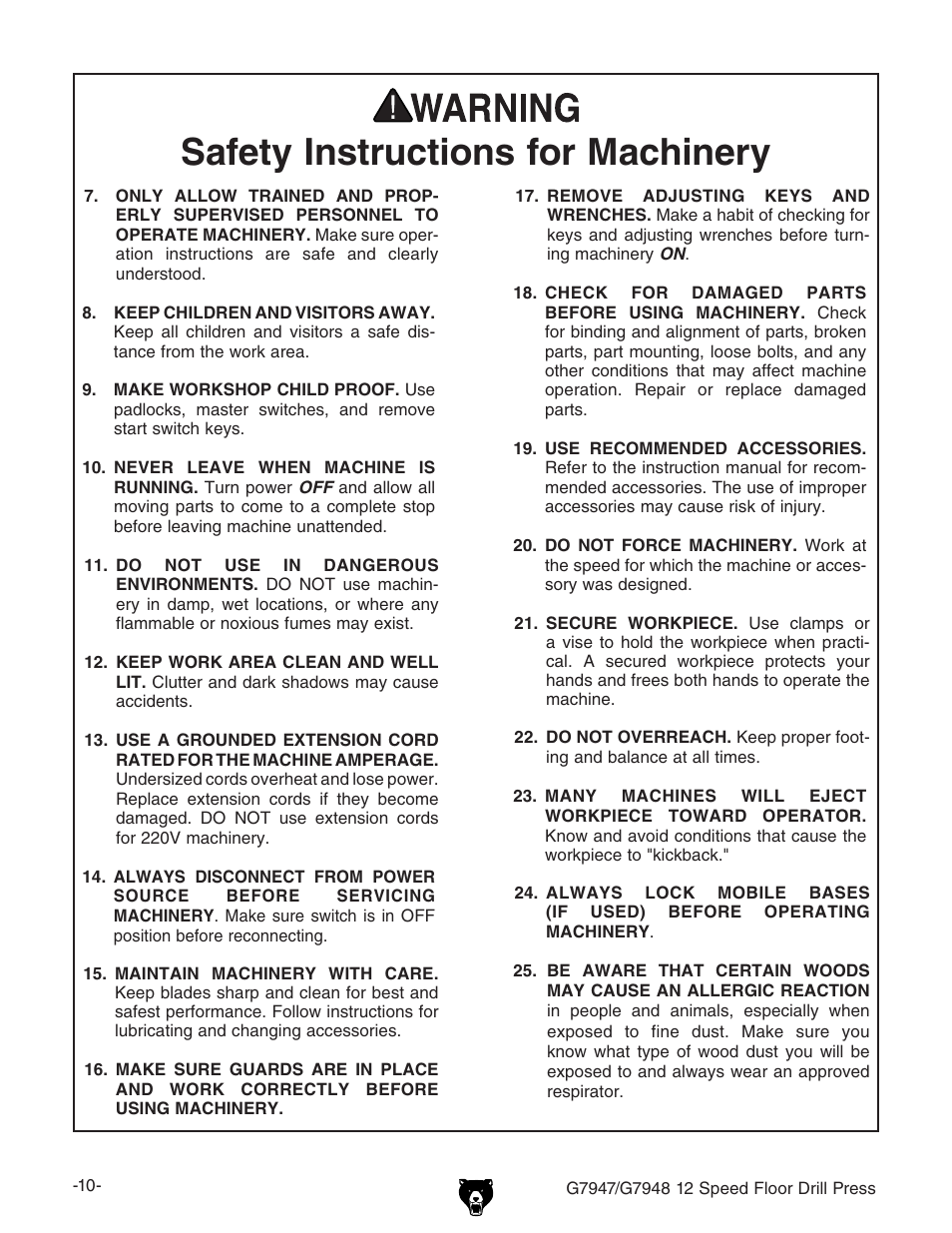 Safety instructions for machinery | Grizzly 12 Speed Press G7947 User Manual | Page 12 / 56