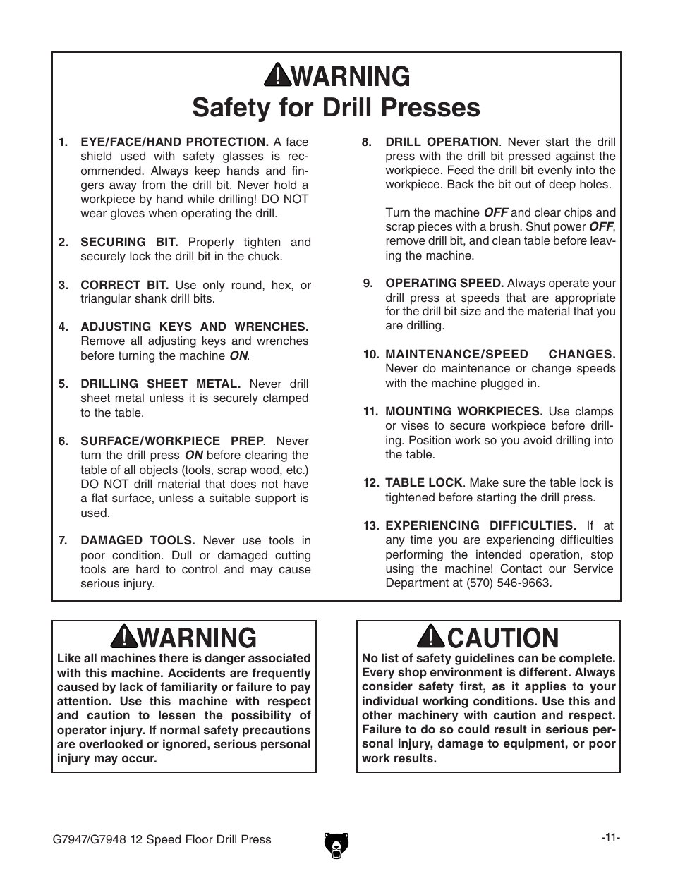 Safety for drill presses | Grizzly 12 Speed Press G7947 User Manual | Page 13 / 56