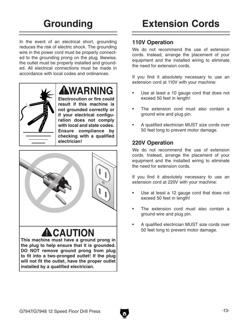 Extension cords grounding | Grizzly 12 Speed Press G7947 User Manual | Page 15 / 56