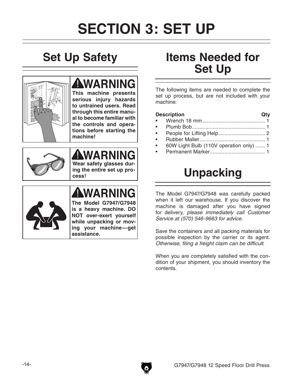 Unpacking set up safety, Items needed for set up | Grizzly 12 Speed Press G7947 User Manual | Page 16 / 56