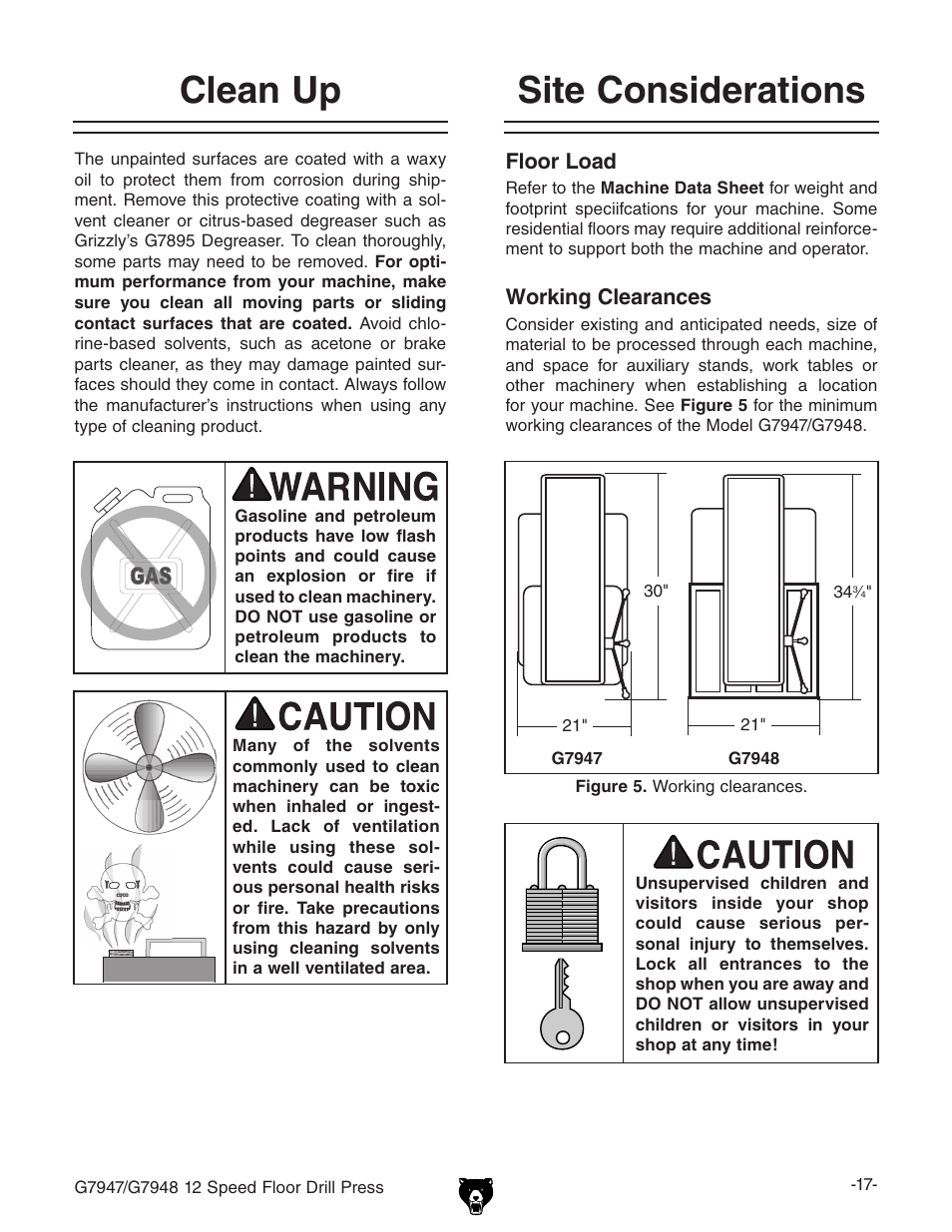 Site considerations clean up | Grizzly 12 Speed Press G7947 User Manual | Page 19 / 56