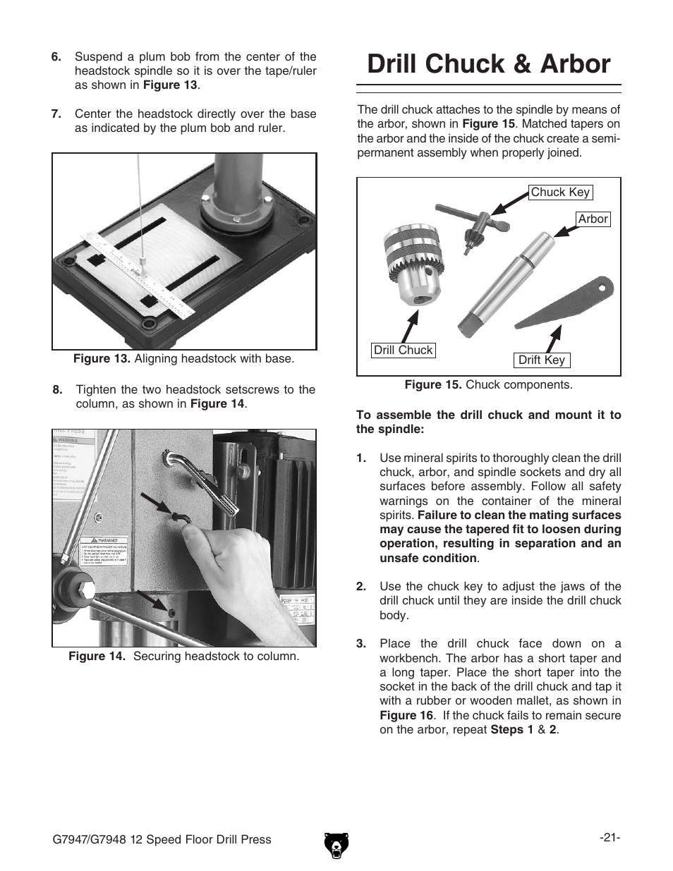 Drill chuck & arbor | Grizzly 12 Speed Press G7947 User Manual | Page 23 / 56