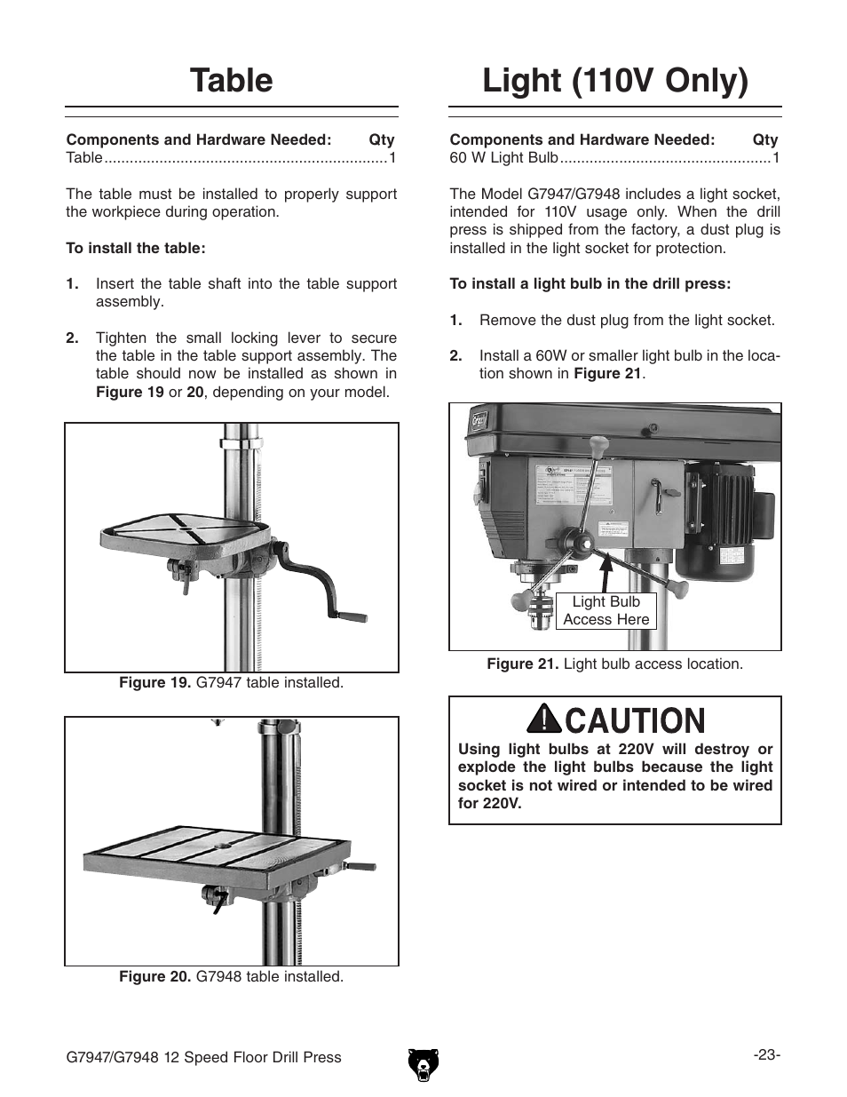 Table, Light (110v only) | Grizzly 12 Speed Press G7947 User Manual | Page 25 / 56