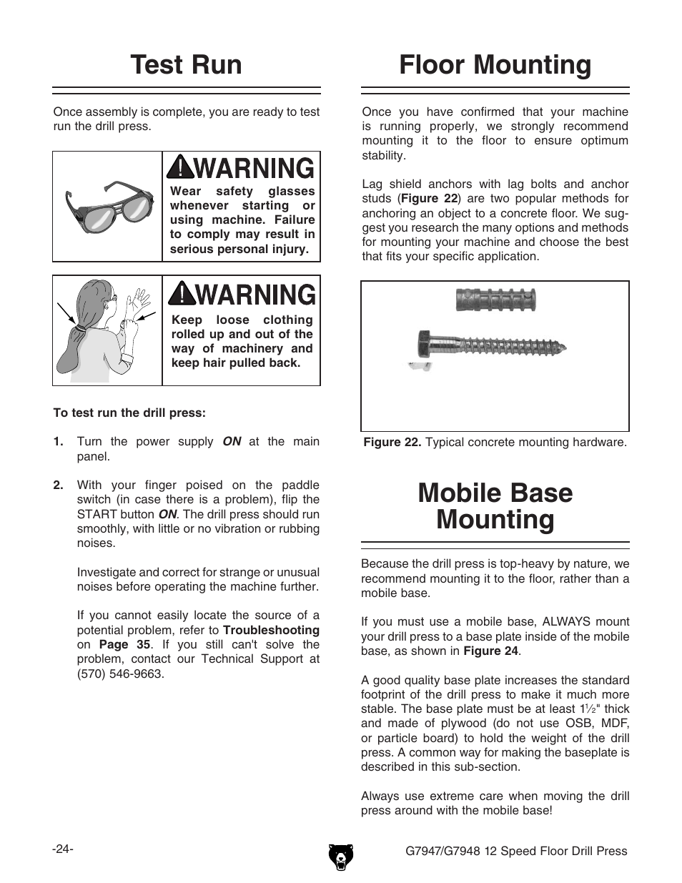 Test run, Floor mounting, Mobile base mounting | Grizzly 12 Speed Press G7947 User Manual | Page 26 / 56