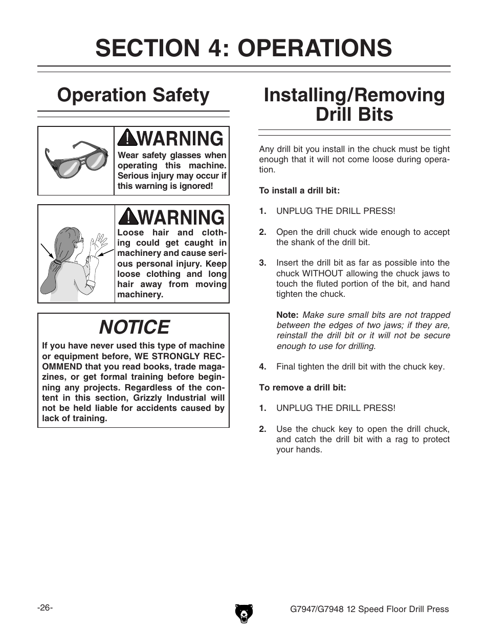 Installing/removing drill bits operation safety, Notice | Grizzly 12 Speed Press G7947 User Manual | Page 28 / 56