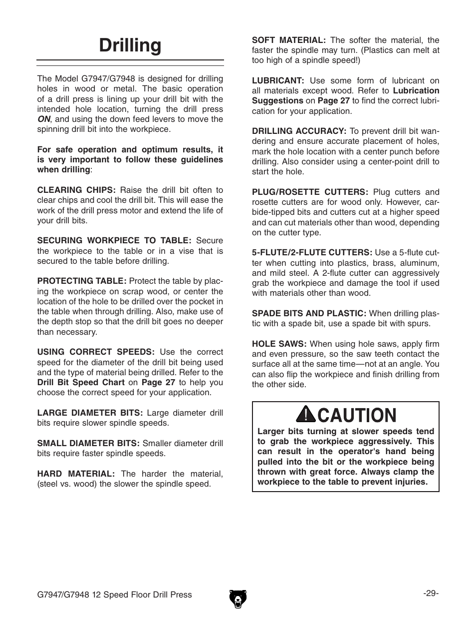 Drilling | Grizzly 12 Speed Press G7947 User Manual | Page 31 / 56