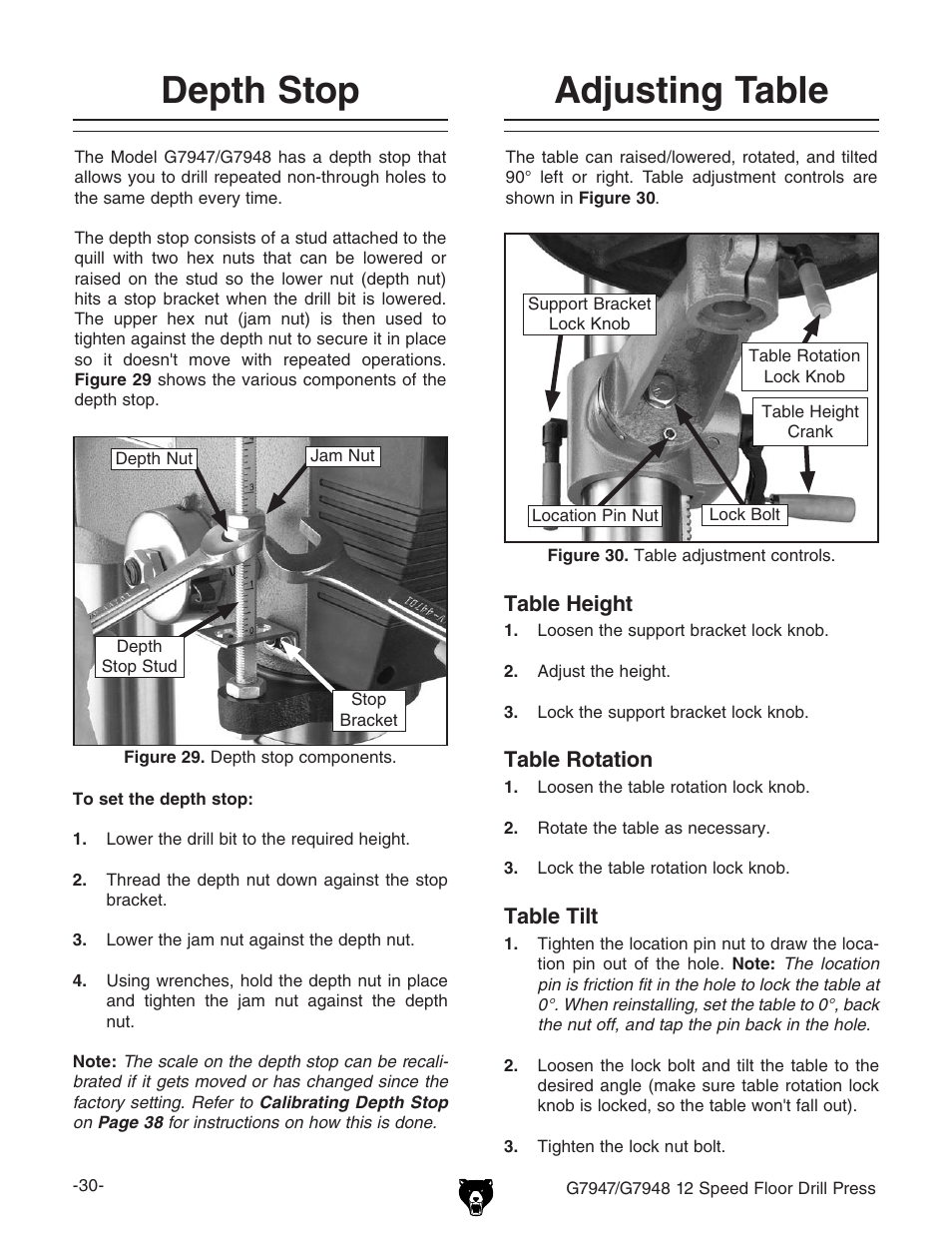 Depth stop, Adjusting table | Grizzly 12 Speed Press G7947 User Manual | Page 32 / 56