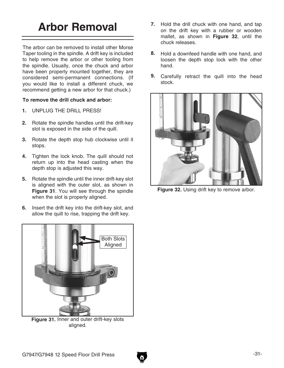 Arbor removal | Grizzly 12 Speed Press G7947 User Manual | Page 33 / 56