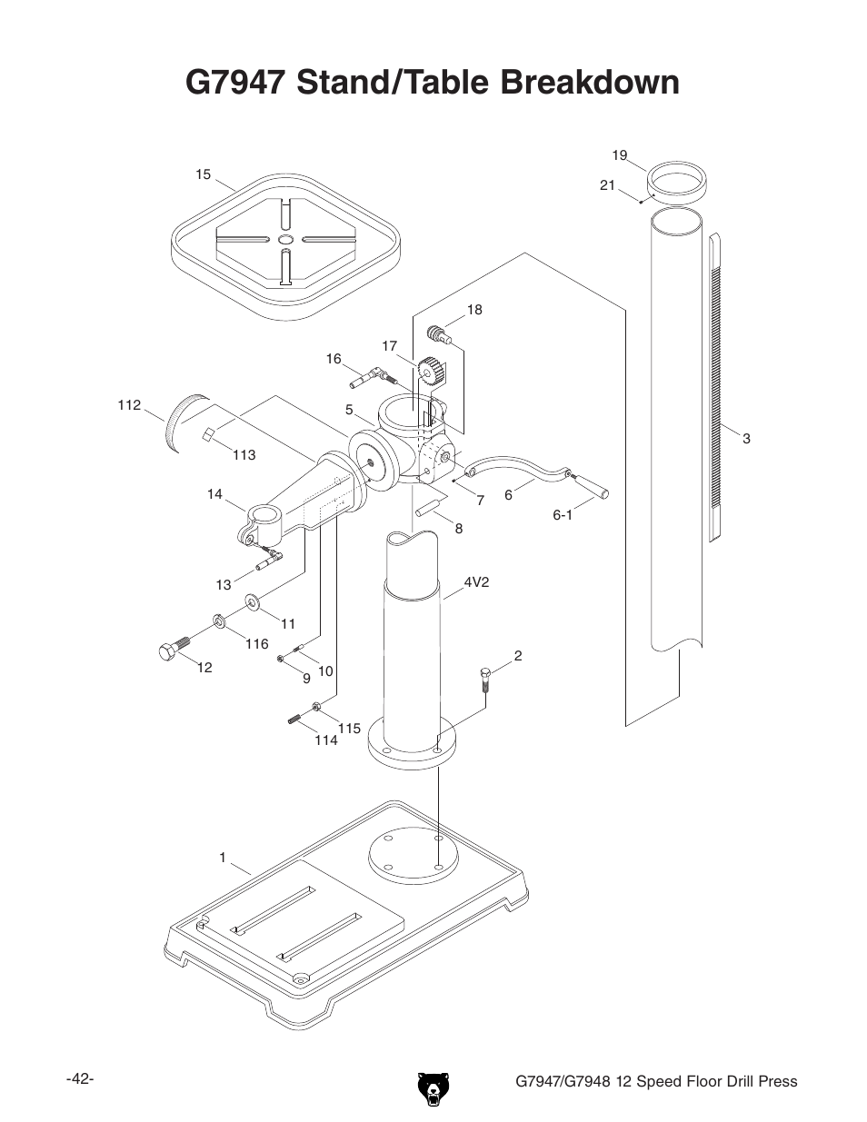 G7947 stand/table breakdown | Grizzly 12 Speed Press G7947 User Manual | Page 44 / 56