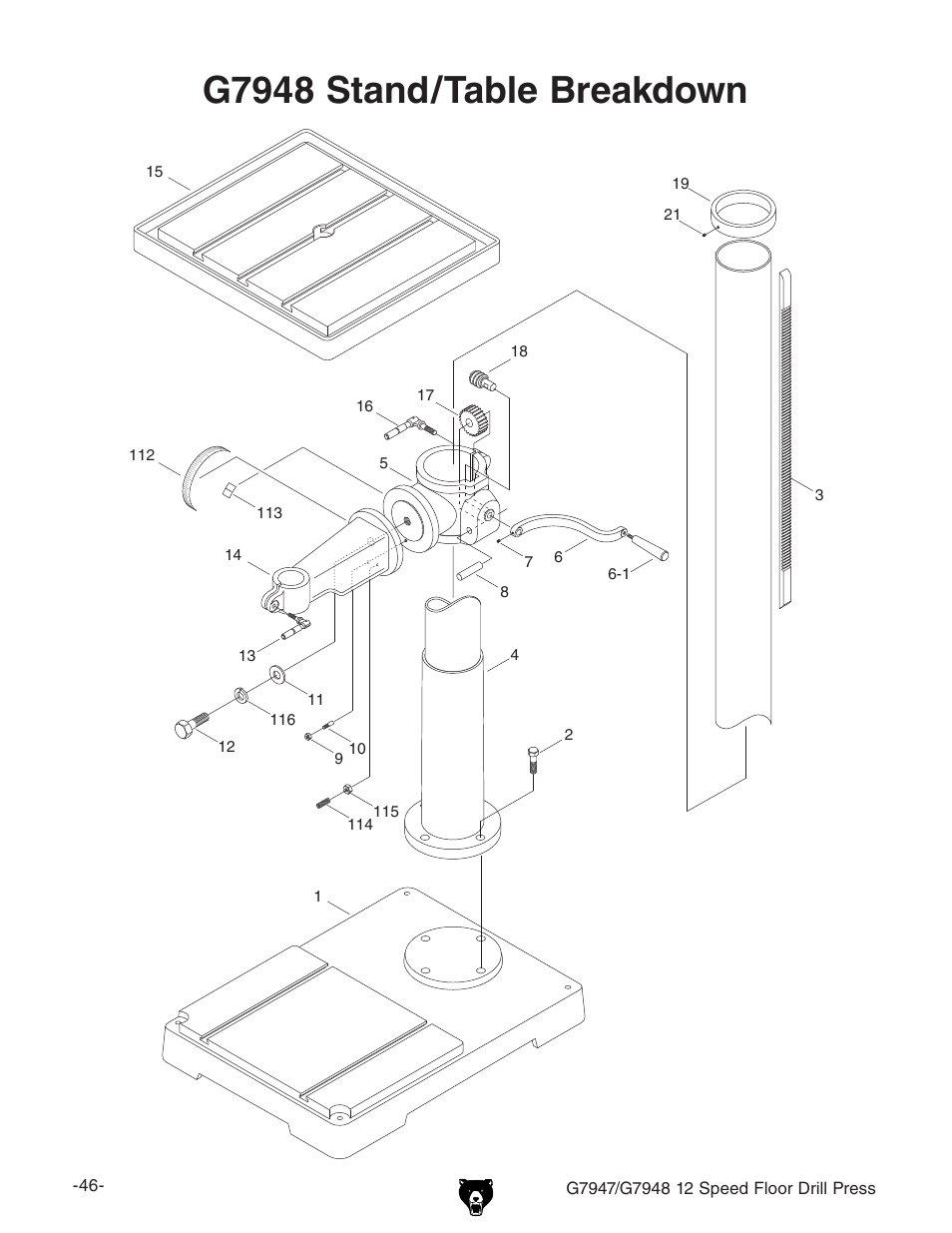 G7948 stand/table breakdown | Grizzly 12 Speed Press G7947 User Manual | Page 48 / 56