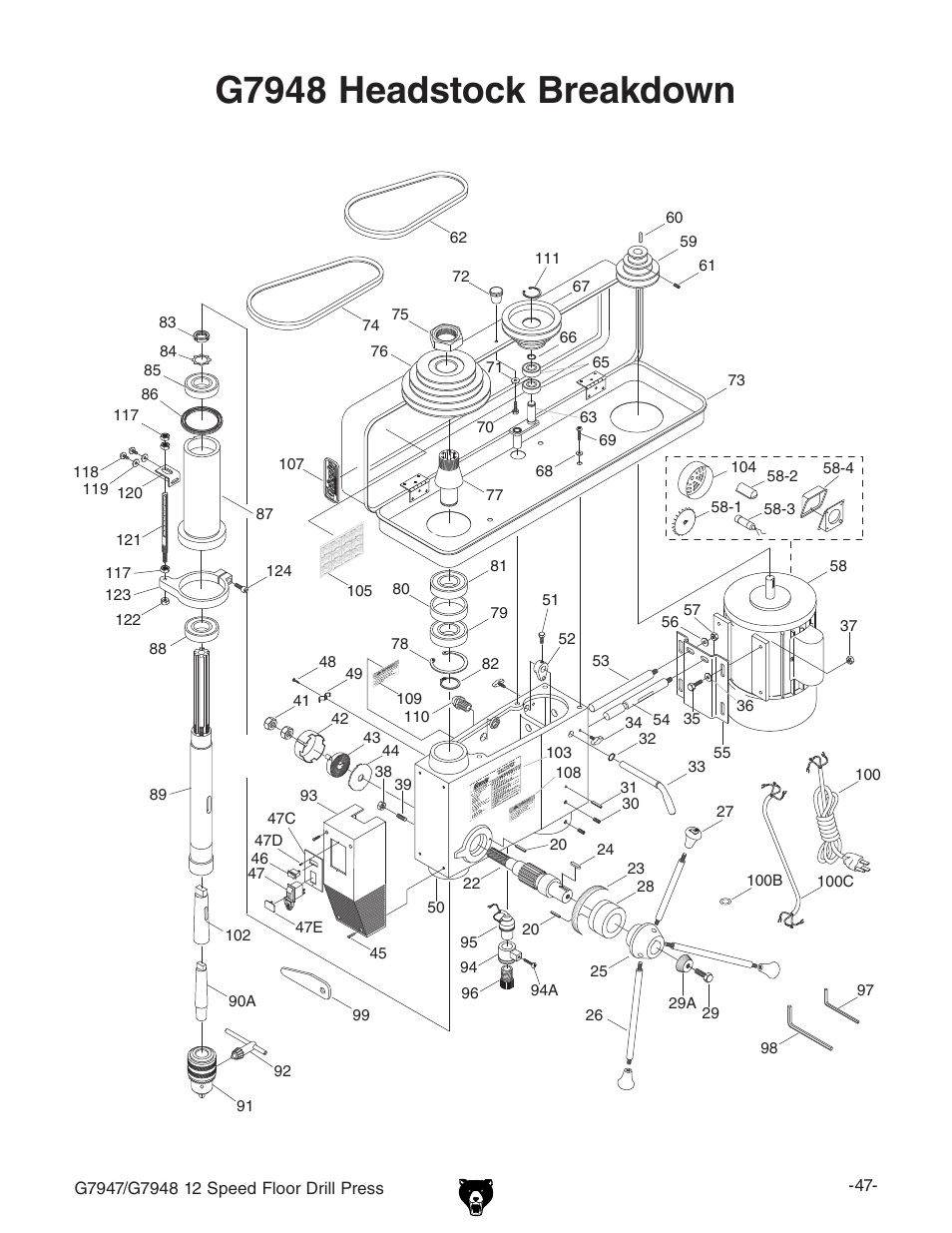 G7948 headstock breakdown | Grizzly 12 Speed Press G7947 User Manual | Page 49 / 56