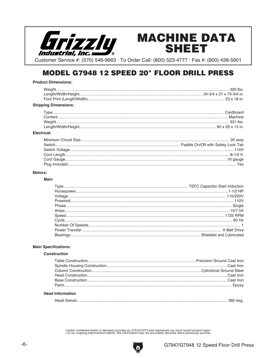 Machine data sheet, G7948 machine data sheet | Grizzly 12 Speed Press G7947 User Manual | Page 8 / 56