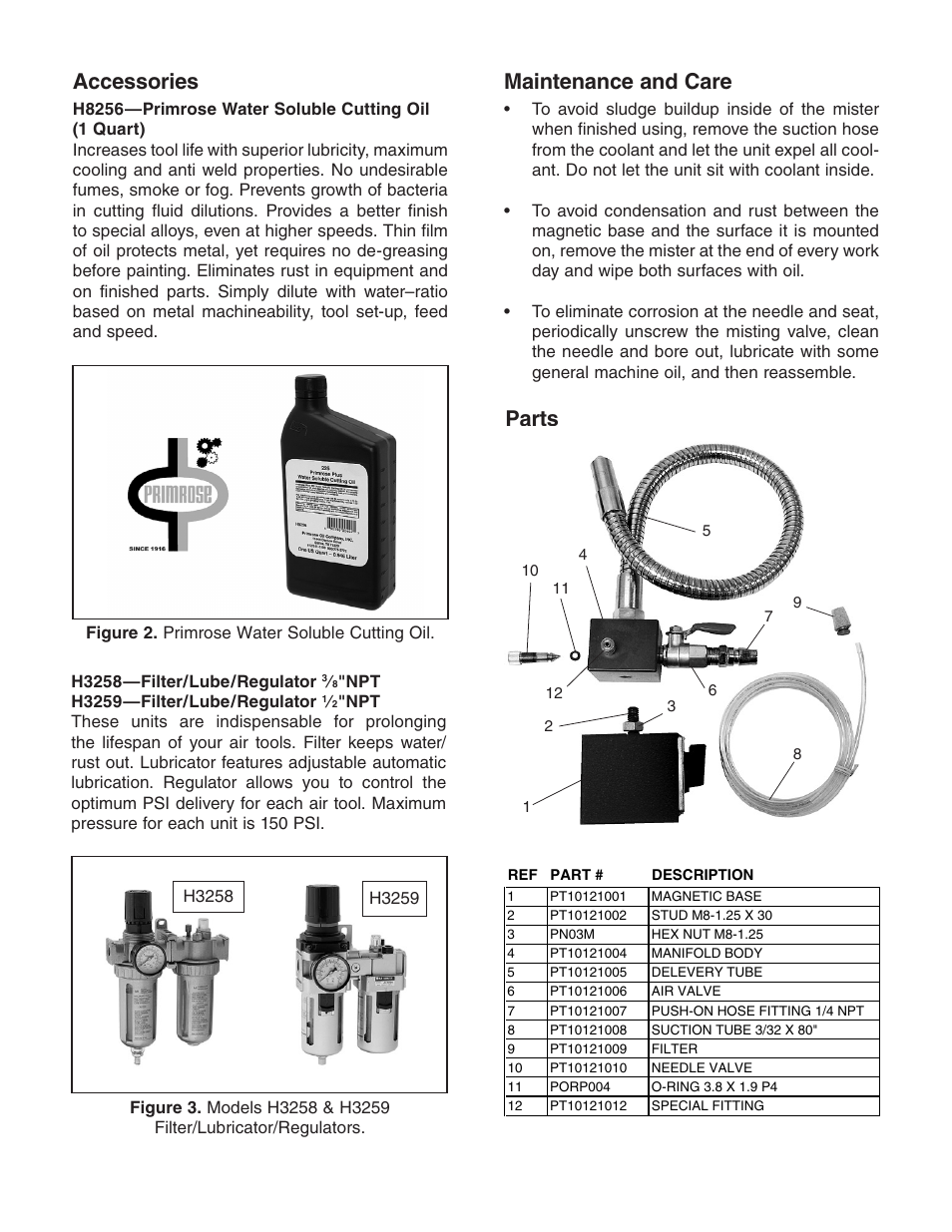 Parts maintenance and care, Accessories | Grizzly Magnetic Misting Unit T10121 User Manual | Page 2 / 2