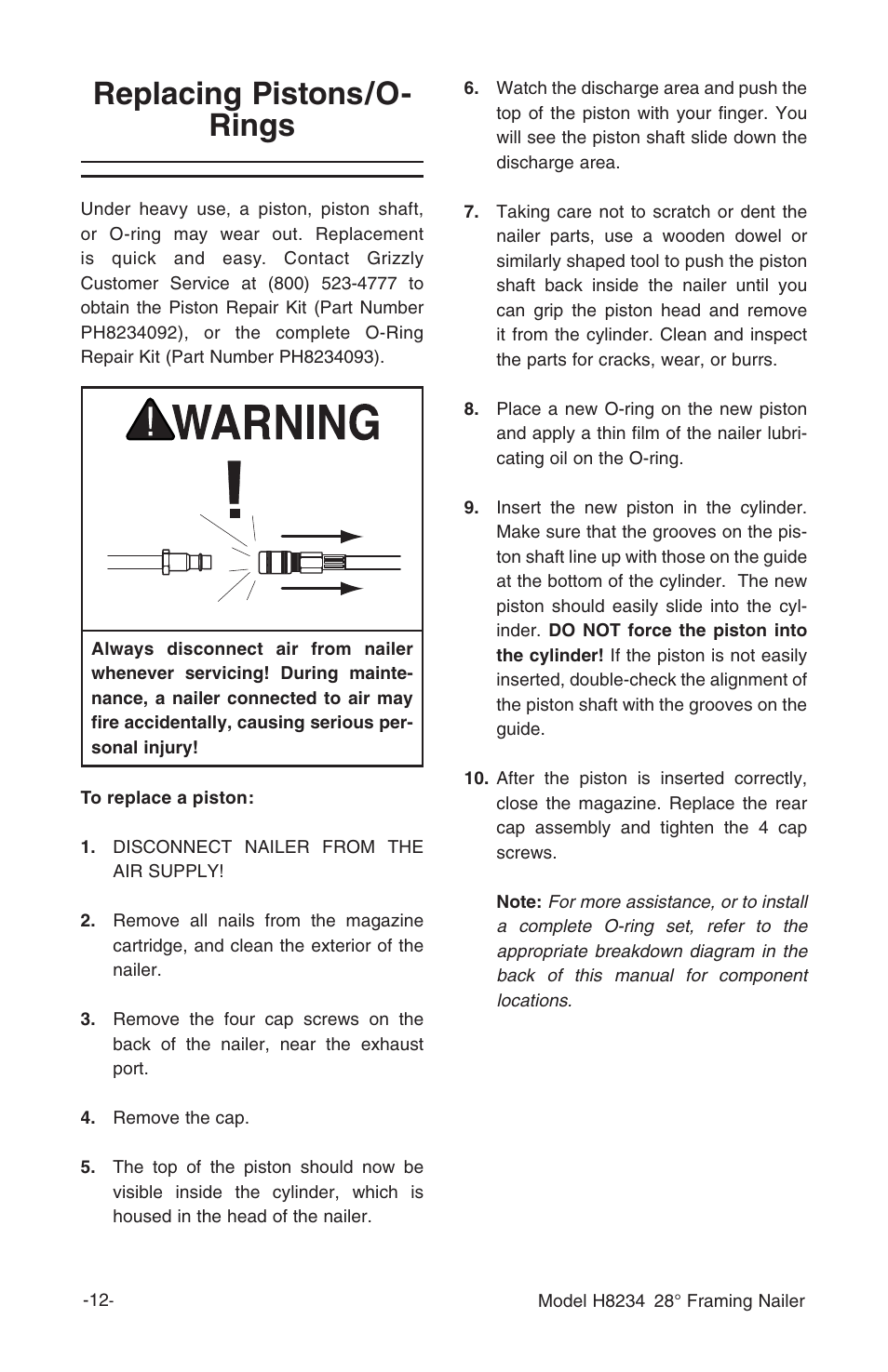 Replacing pistons/o- rings | Grizzly h8234 User Manual | Page 14 / 20