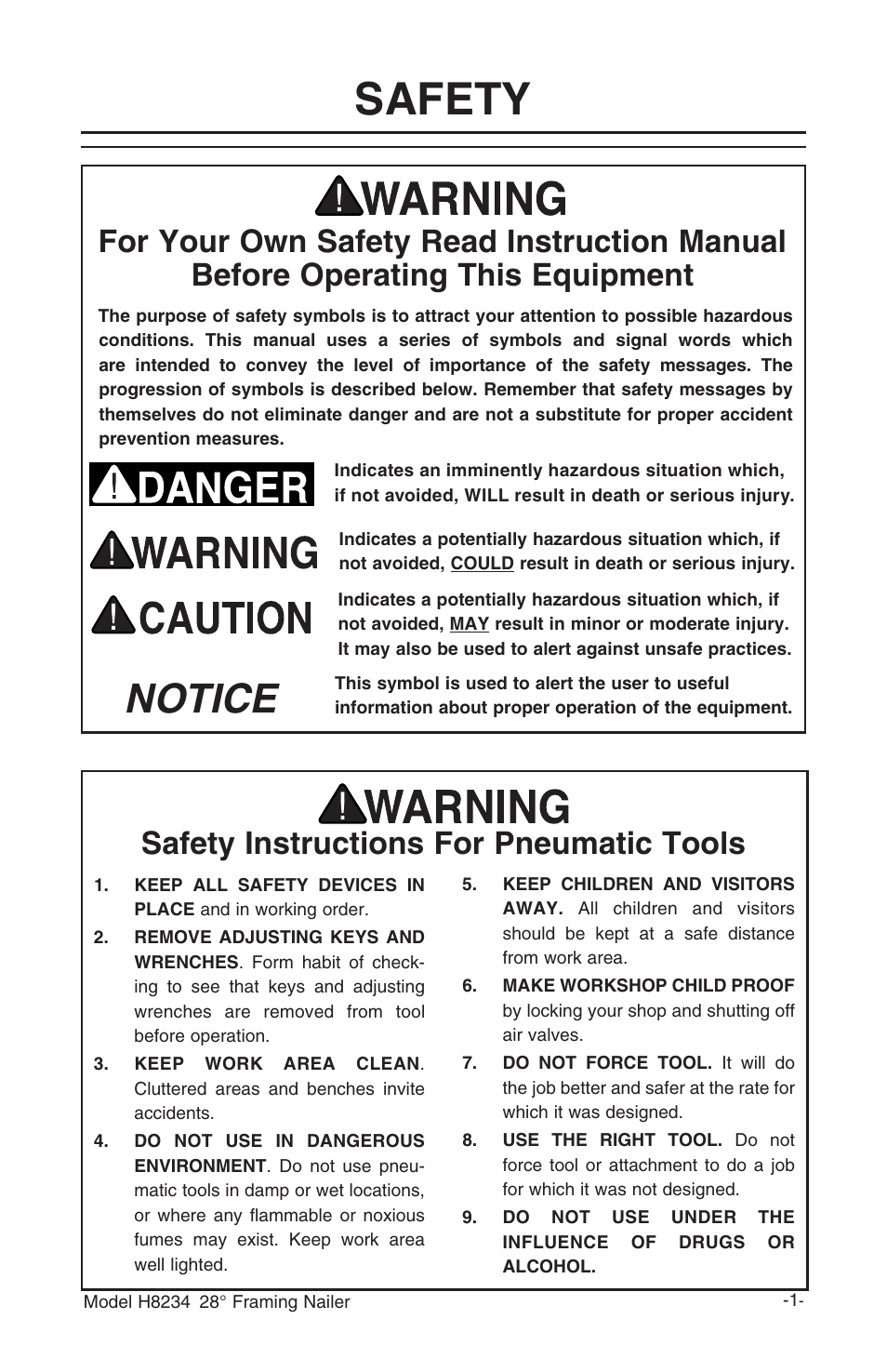 Safety, Notice, Safety instructions for pneumatic tools | Grizzly h8234 User Manual | Page 3 / 20