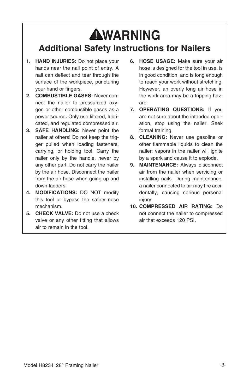 Additional safety instructions for nailers | Grizzly h8234 User Manual | Page 5 / 20