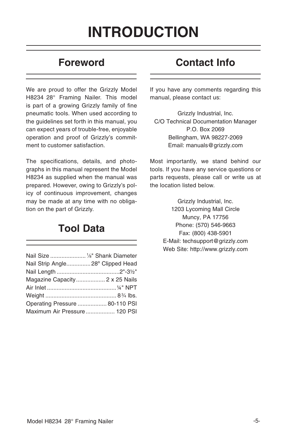 Introduction, Foreword contact info tool data | Grizzly h8234 User Manual | Page 7 / 20