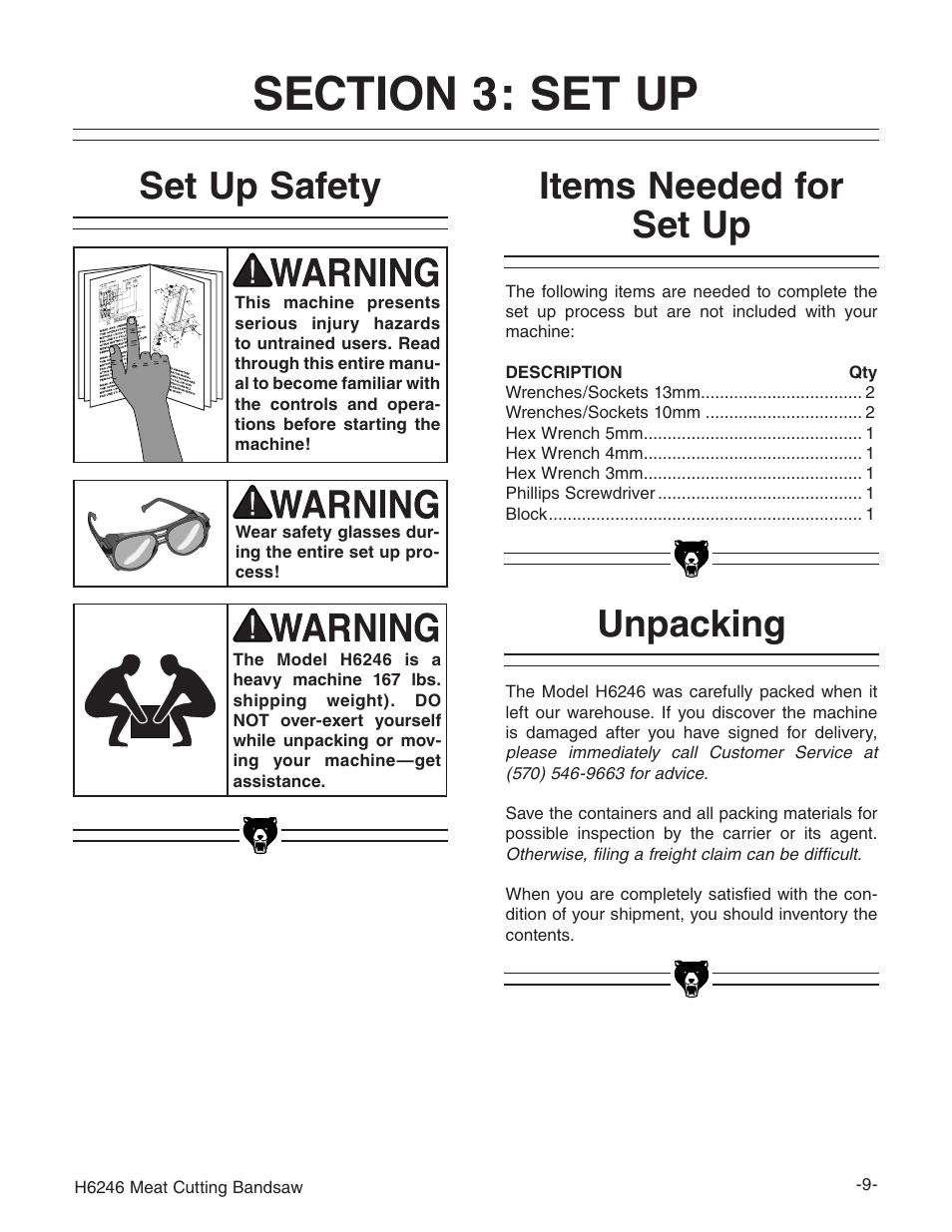 Unpacking set up safety, Items needed for set up | Grizzly H6246 User Manual | Page 11 / 40