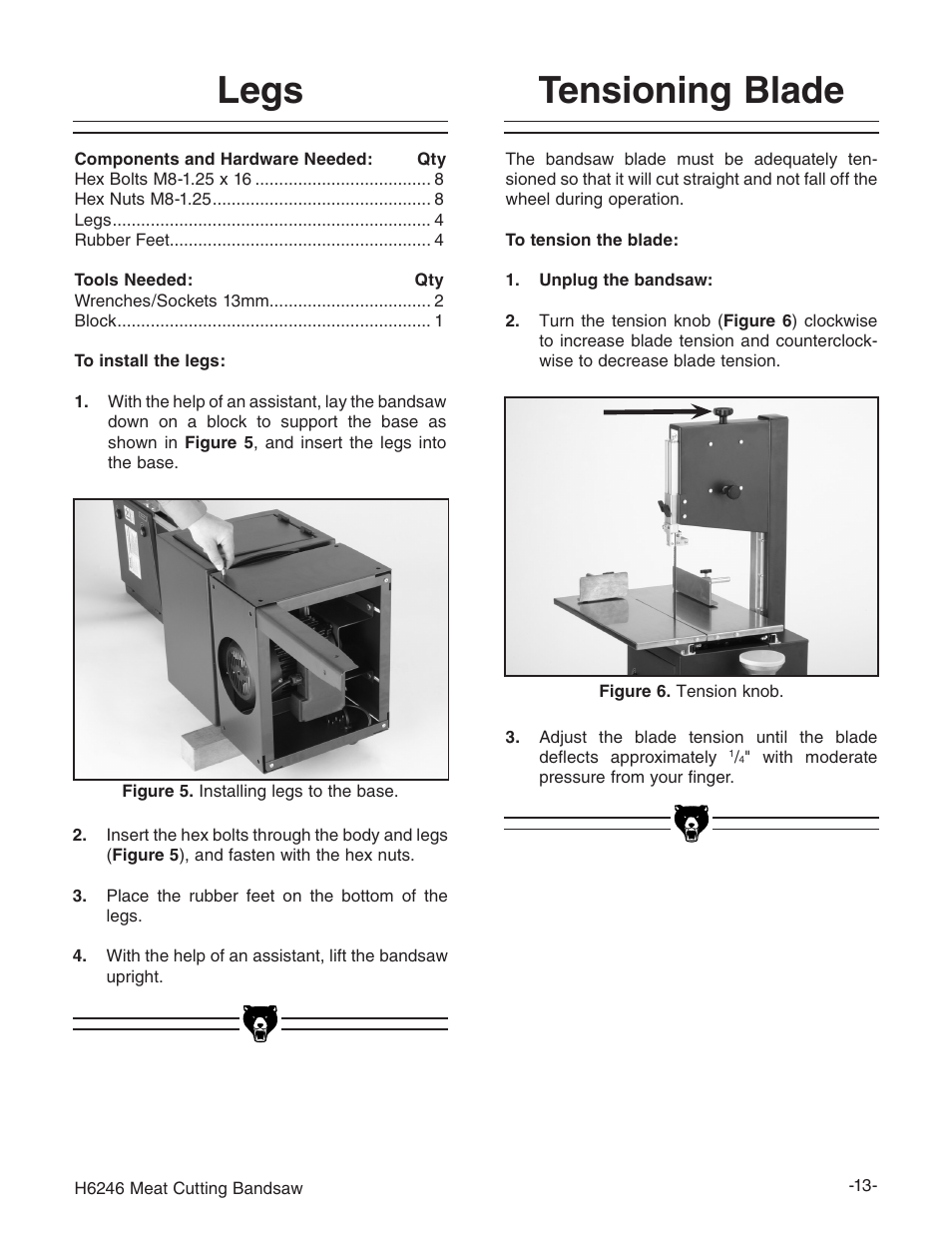 Legs, Tensioning blade | Grizzly H6246 User Manual | Page 15 / 40