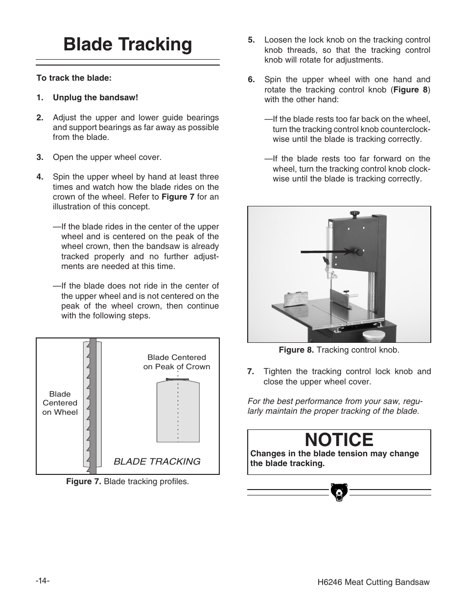 Blade tracking, Notice | Grizzly H6246 User Manual | Page 16 / 40